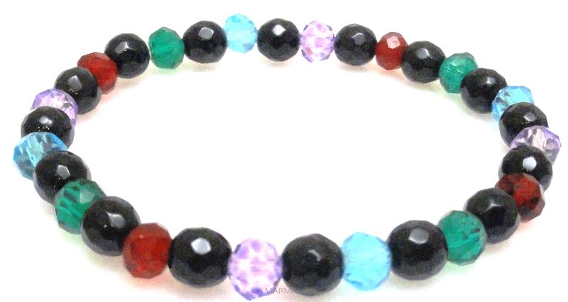 Bransoleta - onyks i kolorowe kryształki fasetowane  - 16,5cm