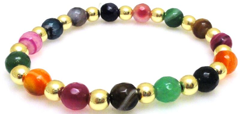 Bransoleta - kolorowy agat fasetowany i hematyt złoty - 19,5cm