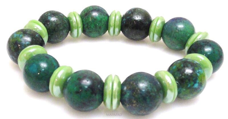 Bransoleta - chryzokola kule 14mm i dyski perłowe - 18,5cm