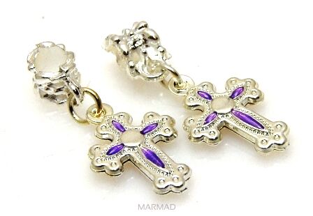 Charms -  krzyż - element emaliowany lila - posrebrzany