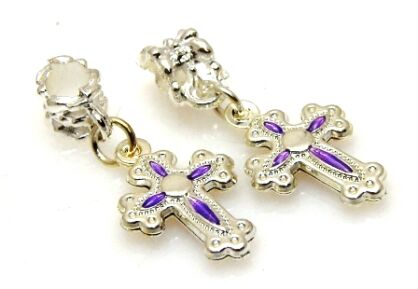 Charms -  krzyż - element emaliowany lila - posrebrzany
