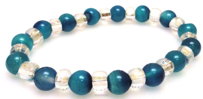 Bransoleta - agat niebieski kule 8mm i koraliki perłowe - 18,5cm