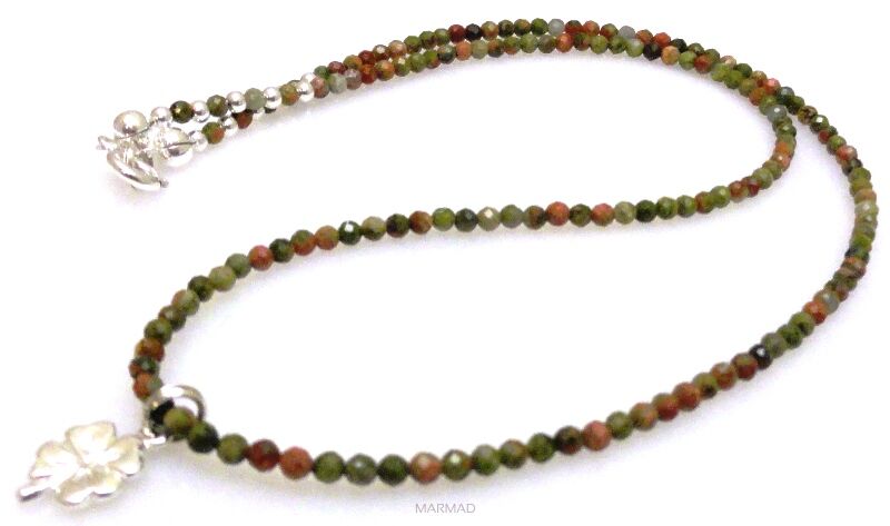 Naszyjnik unakit fasetowany kulki 2,5mm i koniczynka - srebro 925