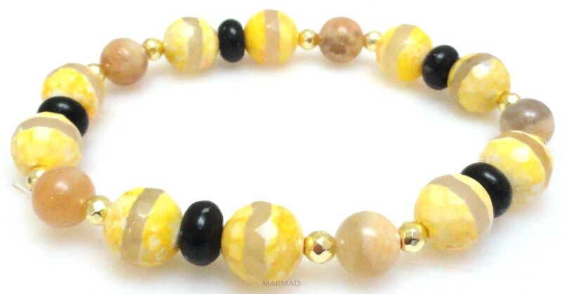 Bransoleta - agat, kamień słoneczny, obsydian czarny i hematyt - 20cm