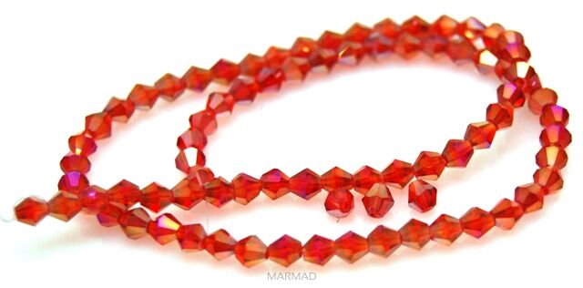 Kryształki fasetowane z efektem AB - bicone 4x4mm - rubinowe
