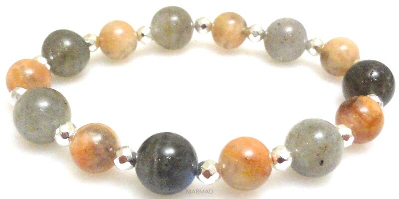 Bransoleta - kamień księżycowy, labradoryt i hematyt srebrny - 18cm