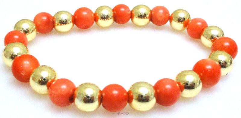 Bransoleta - koral pomarańczowy i hematyt złoty -18cm