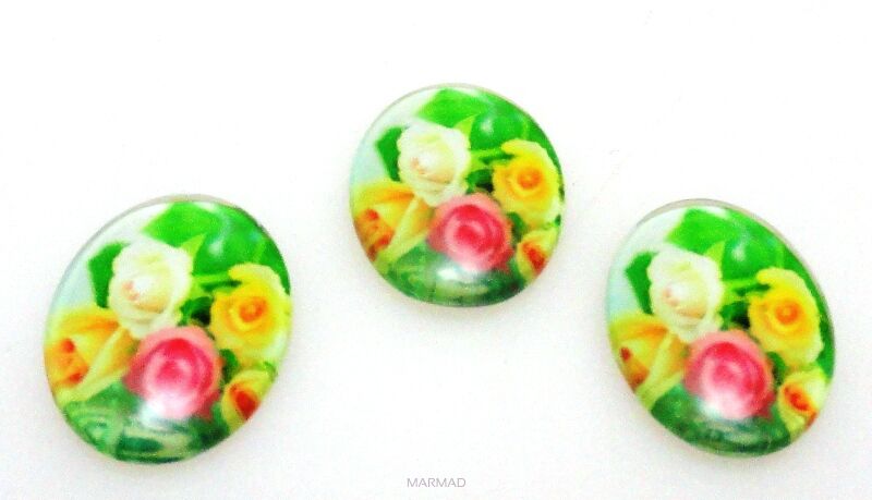 Kaboszon szklany - owal 18x13mm - kwiaty