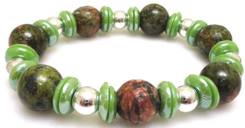 Bransoleta - unakit kule 14mm, hematyt i dyski perłowe - 20cm