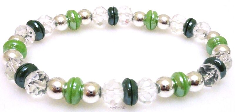 Bransoleta - hematyt srebrny, kryształki i dyski perłowe - 19cm