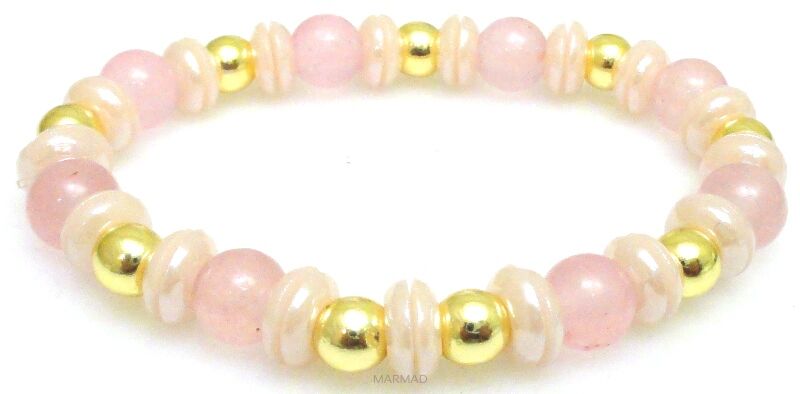 Bransoleta - jadeit różowy, hematyt złoty i dyski perłowe - 17cm