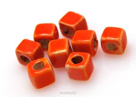 Nakładki na rzemienie i sznurki - kostki 6x6mm - ceramika pomarańczowa