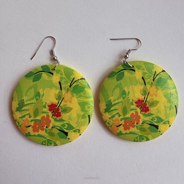 Kolczyki- Drewno malowane łąka- moneta 50mm