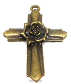 Zawieszka - krzyż z różą 46x32mm - antyczny brąz