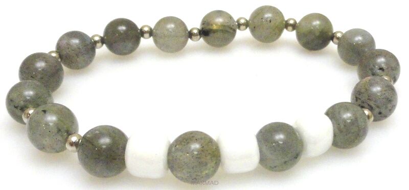Bransoleta - labradoryt i koraliki perłowe - 18cm