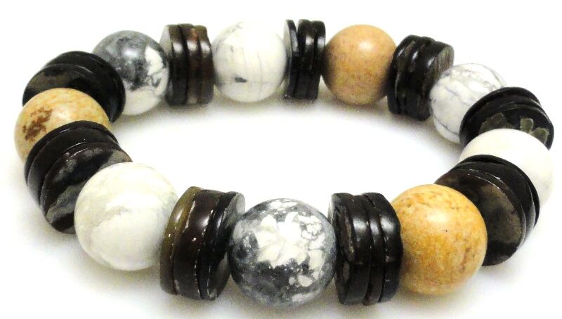 Bransoleta - jaspis, howlit kule 14mm i muszla - 18cm