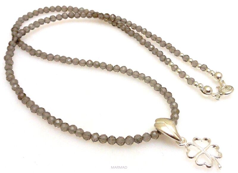 Naszyjnik kwarc dymny fasetowany kule 3mm z koniczynką - srebro 925