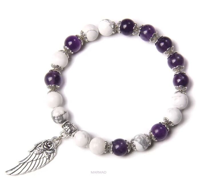 Bransoletka skrzydło Anioła i róża - Ametyst, biały turkus - kule 8mm - 18cm