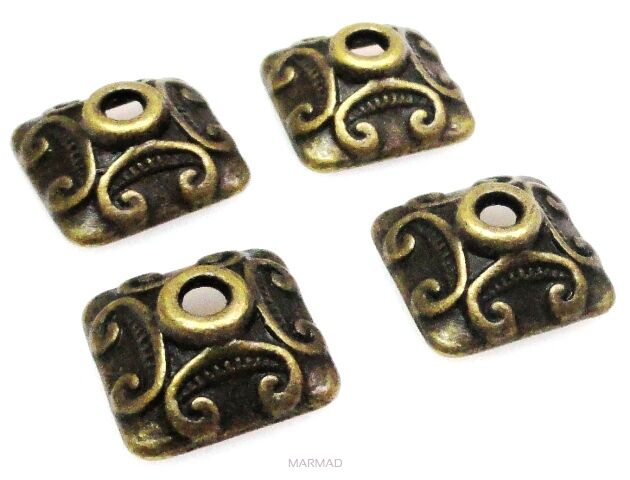 Czapeczki na korale - kwadrat 9mm - antyczny brąz