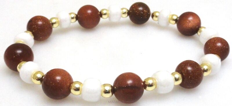 Bransoleta - piasek pustyni, hematyt złoty i oponki perłowe - 19,5cm