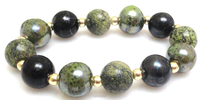 Bransoleta - serpentynit, ceramika i hematyt srebrny - 18cm