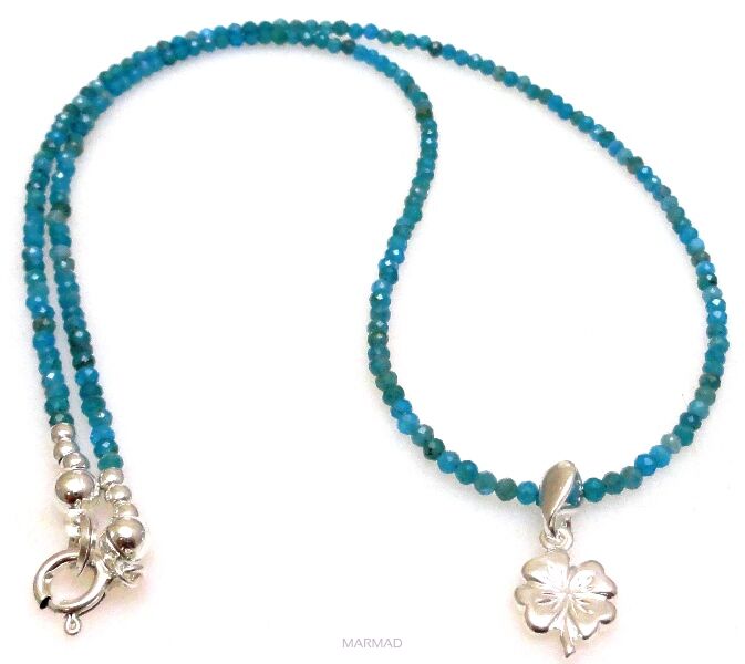 Naszyjnik apatyt naturalny fasetowany kule 2mm z koniczynką - srebro 925