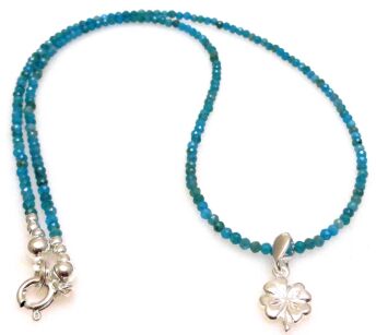 Naszyjnik apatyt naturalny fasetowany kule 2mm z koniczynką - srebro 925