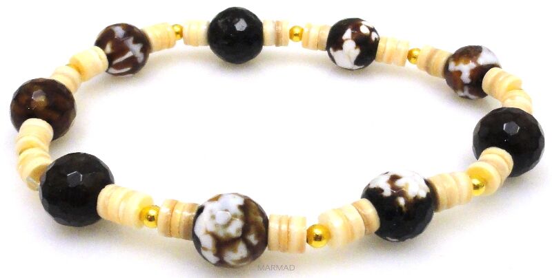 Bransoleta - agat fasetowany, hematyt złoty i muszla - 19,5cm