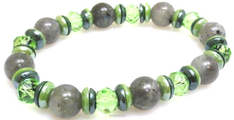 Bransoleta - labradoryt, kryształki fasetowane i perłowe - 18cm