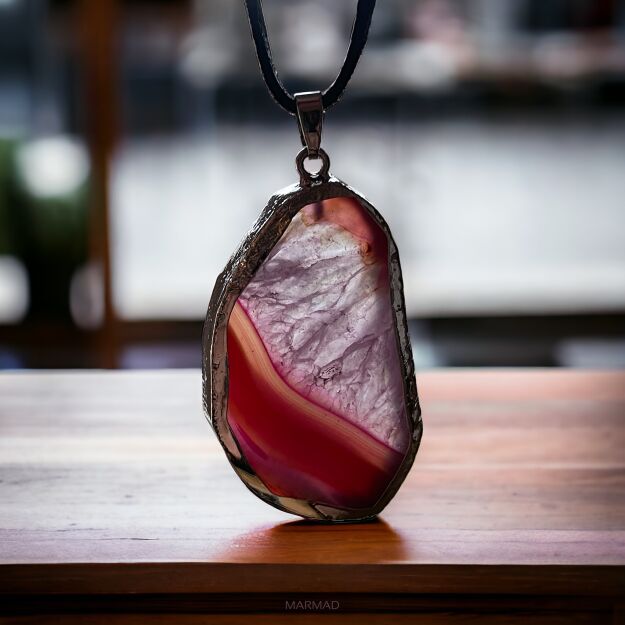 Zawieszka - agat w srebrnej otoczce- 53x30x7mm - fuksja