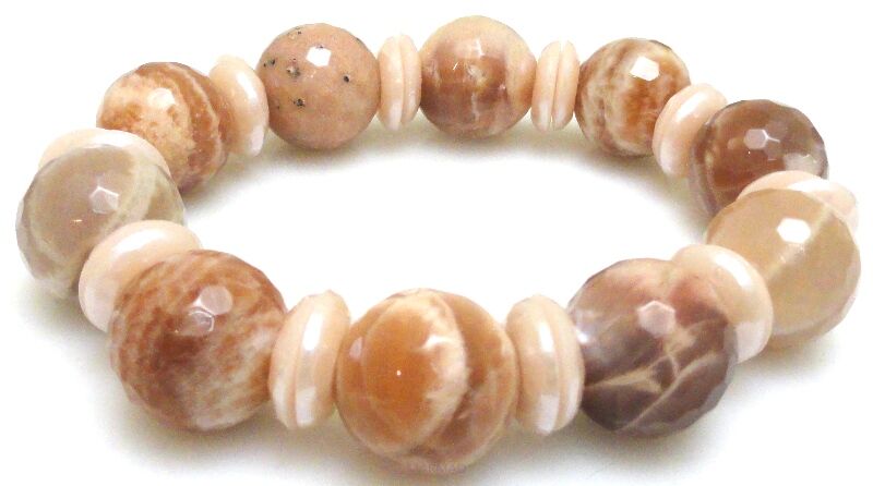 Bransoleta - kamień słoneczny fasetowany kule 16mm i dyski perłowe - 19cm