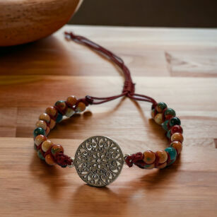 Bransoletka Etniczna - Boho - Jadeit 4mm - regulowana, na sznurku