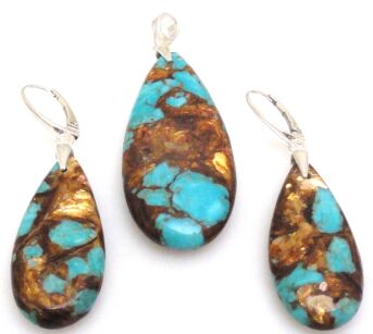 Komplet biżuterii - jaspis cesarski z żywicą - kolczyki i wisiorek srebro 925