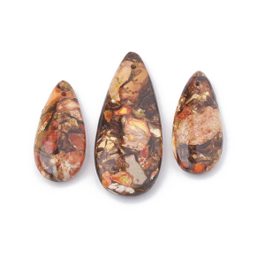 Jaspis cesarski z żywicą - na zawieszkę, wisior kropla 35x15x6mm- czerwono, pomarańczowo, brązowo złoty