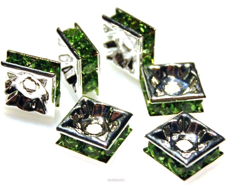 Przekładki z cyrkoniami peridot - kwadraty 8mm