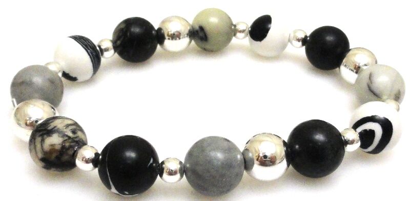 Bransoleta - jaspis kule 10mm i hematyt srebrny - 18cm