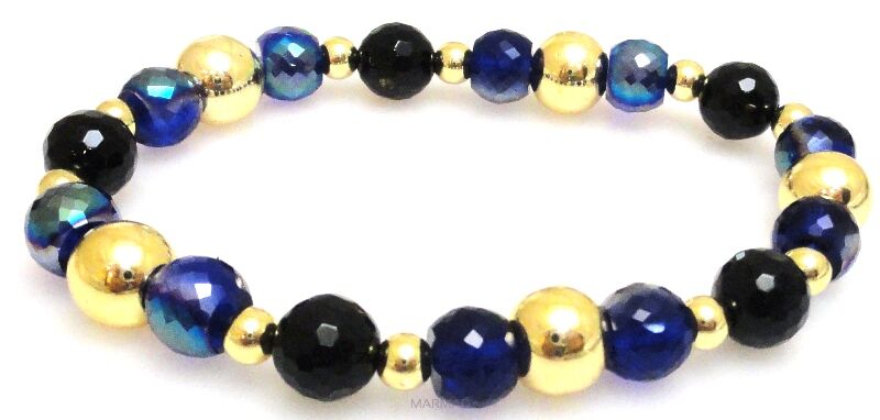 Bransoleta - onyks, hematyt złoty i kryształki fasetowane - 18cm