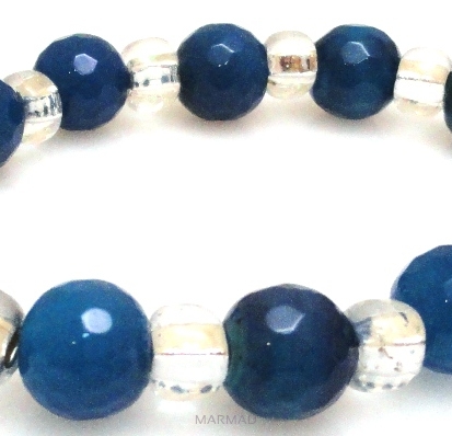 Bransoleta - agat fasetowany niebieski kule 10mm i koraliki perłowe - 17,5cm