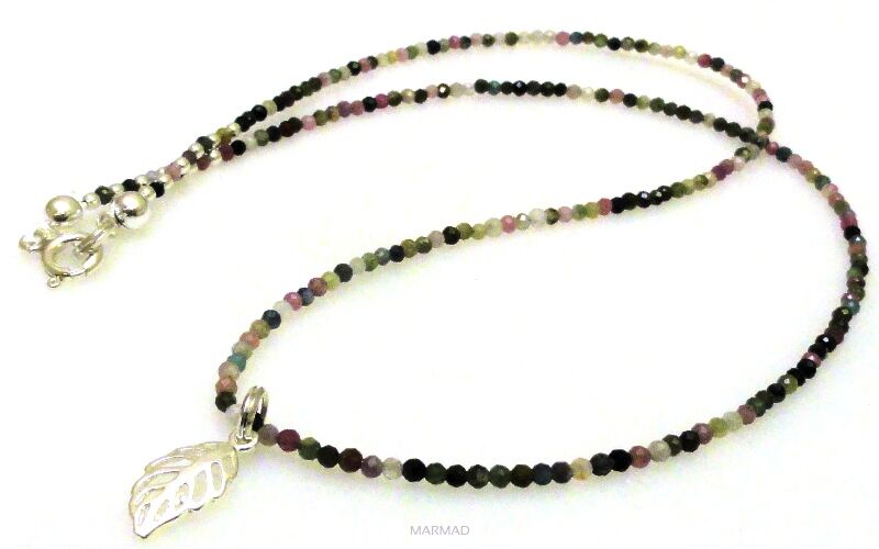 Naszyjnik turmalin fasetowany kulki 2mm i liść - srebro 925