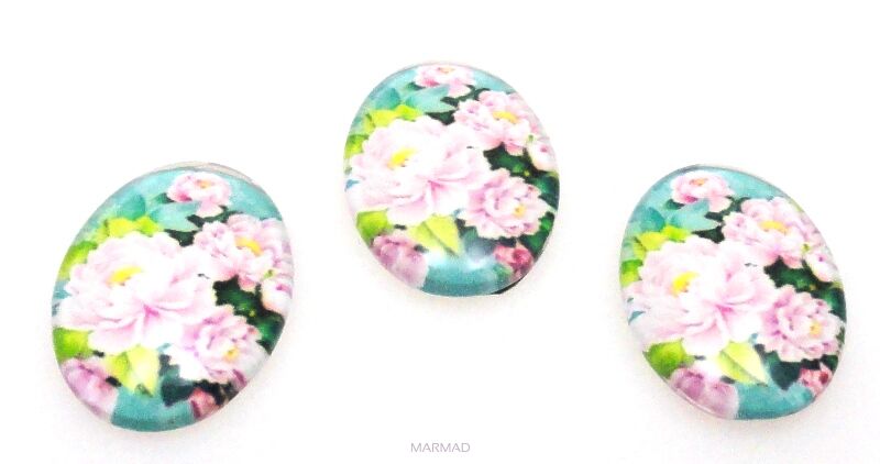 Kaboszon szklany - owal 18x13mm - kwiaty