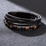 Bransoletka Męska skórzane sploty rzemieni , czarny agat i tygrysie oko (6mm) zapięcie na magnes