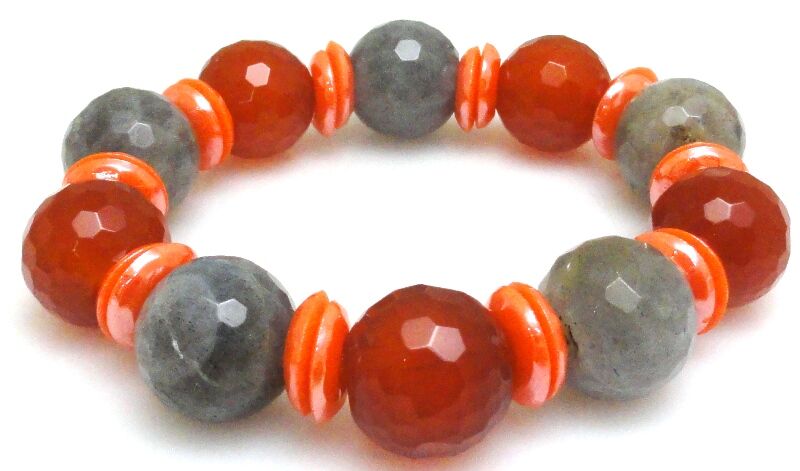 Bransoleta - labradoryt i agat kule 16mm i dyski perłowe - 19cm