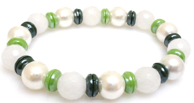 Bransoleta - perła, jadeit i dyski perłowe - 18cm