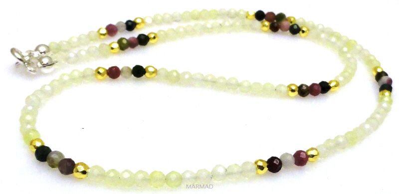 Naszyjnik turmalin i jadeit fasetowany, hematyt złoty srebro 925