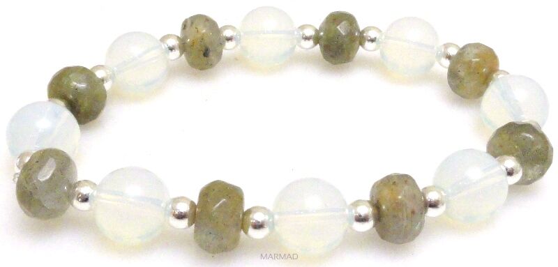 Bransoleta - labradoryt fasetowany, opalit i hematyt srebrny - 18,5cm