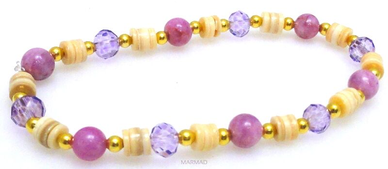 Bransoleta - jadeit, muszla i kryształki fasetowane - 18cm