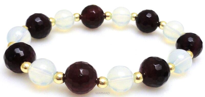 Bransoleta - agat bordowy, opalit i hematyt złoty - 20cm